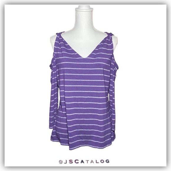 White House Black Market Tops - WHBM Cold Shoulders Purple Top with Silver Stripes - EUC - Size L